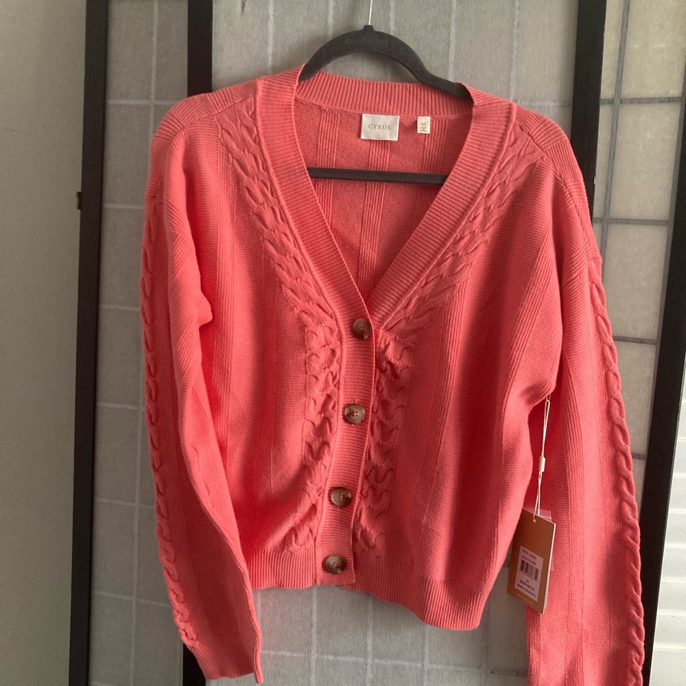 Cyrus Coral Cable Knit V-Neck Button-Up Cardigan